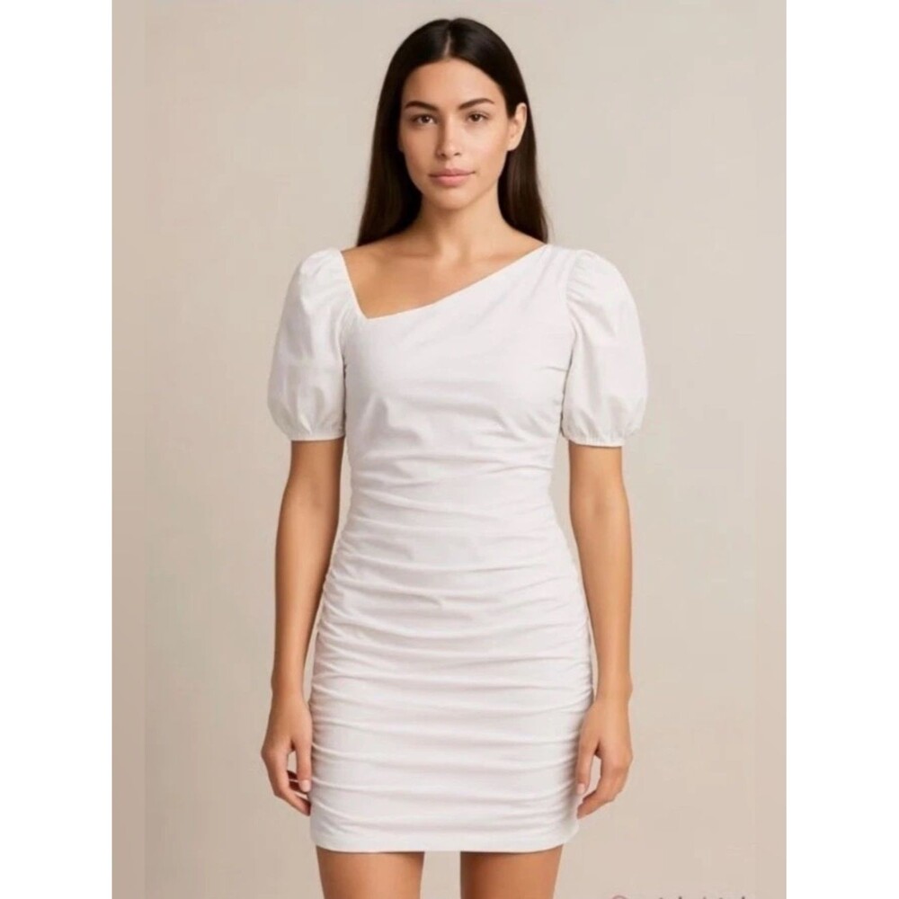Anthropologie Maeve Slim Puff-Sleeve Ruched Bodycon White Mini Dress
